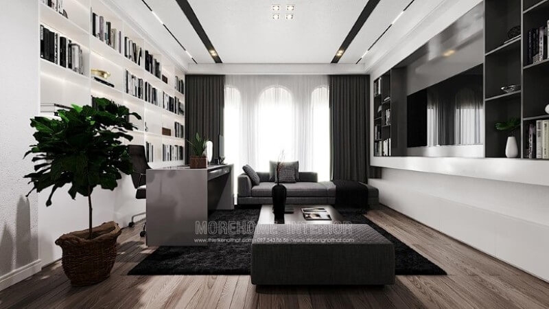 Trang trí nội thất phòng sách, phòng làm việc tại nhà đẹp với bộ sofa bọc vải cao cấp Trang trí nội thất chung cư
