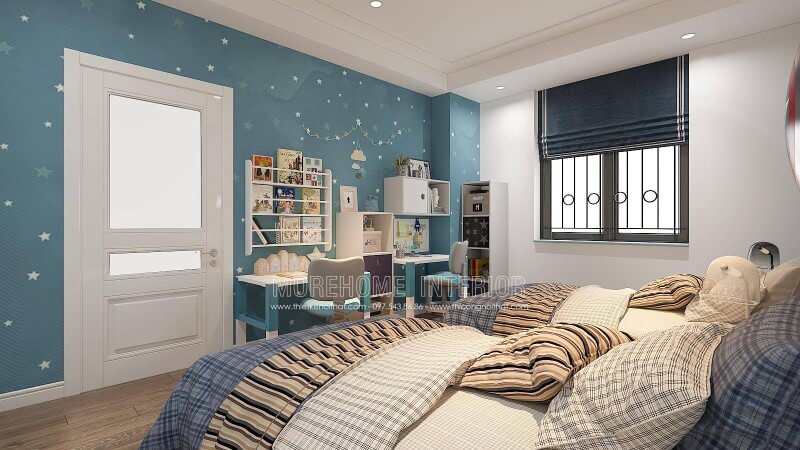 Thiết kế phòng ngủ của con với góc học tập được trang trí bắt mắt sẽ là gợi ý khá thú vị, bạn có thể tham khảo ý tưởng thiết kế phòng ngủ của 2 cậu con trai với bàn học được thiết kế tách rời và cách bố trí kệ trang trí, giá để đồ như trong đây. Tùy từng diện tích nhà bạn có thể bố trí phù hợp với căn hộ, nhà phố hay nhà biệt thự của mình. Thiết kế nội thất phòng ngủ biệt thự