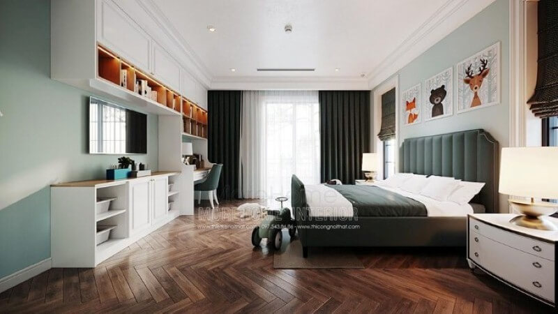 Bàn học liền kệ tivi, kệ trang trí đẹp cho phòng bé trai. Thiết kế nội thất phòng ngủ biệt thự