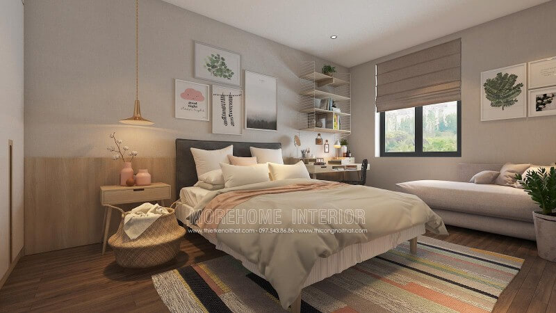 Gạch giả gỗ ốp tường cùng cách trang trí hiện đại, độc đáo đã tạo nên phòng ngủ trẻ trung, sinh động. Thiết kế nội thất phòng ngủ biệt thự