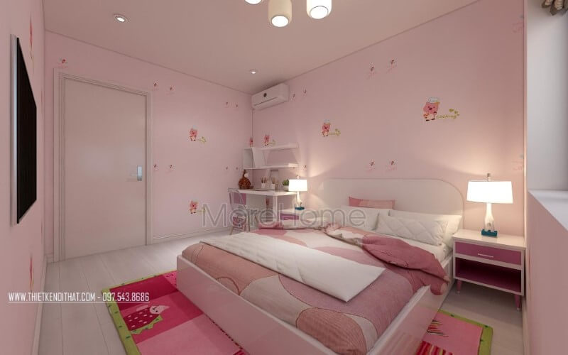 Giấy dán tường trẻ em đáng yêu với hình ảnh chú heo xinh xắn kết hợp đồ trang trí tràn ngập sắc hồng sẽ là lựa chọn tuyệt vời cho gái yêu của bạn. Thiết kế nội thất phòng ngủ biệt thự