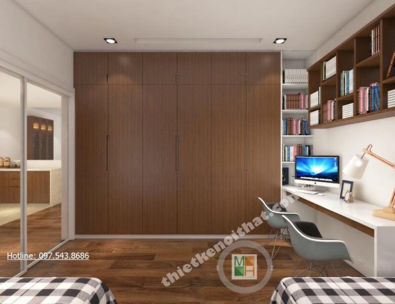 Bàn làm việc hiện đại được thiết kế đơn giản, phần kệ sách treo tường giúp cho người sử dụng thuận tiện nghi hơn, đồng thời cũng tiết kiệm được tối đa được diện tích cho căn phòng