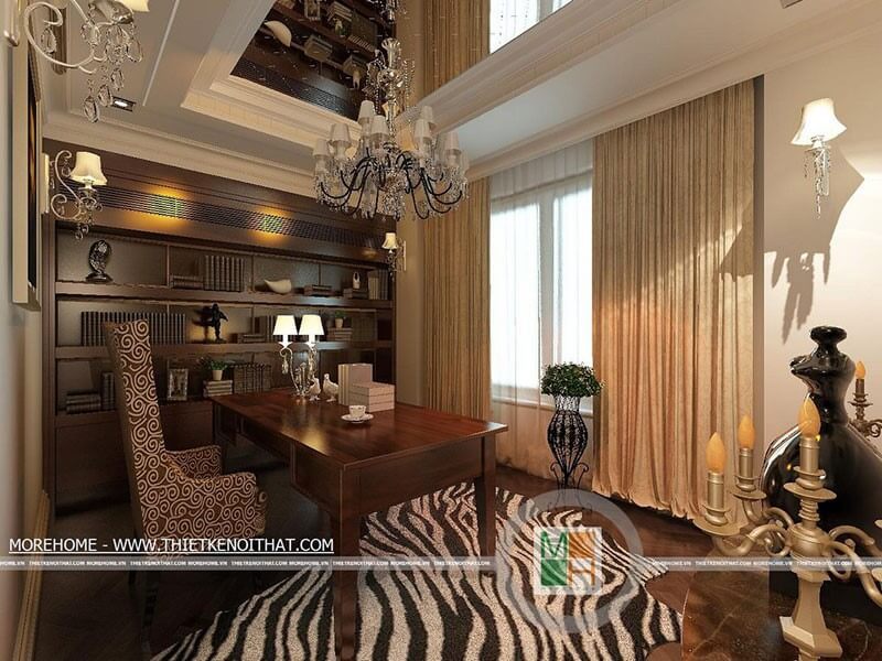 Mẫu kệ trang trí kết hợp giá sách thiết kế âm tường bằng gỗ tự nhiên cho phòng làm việc nhà biệt thự