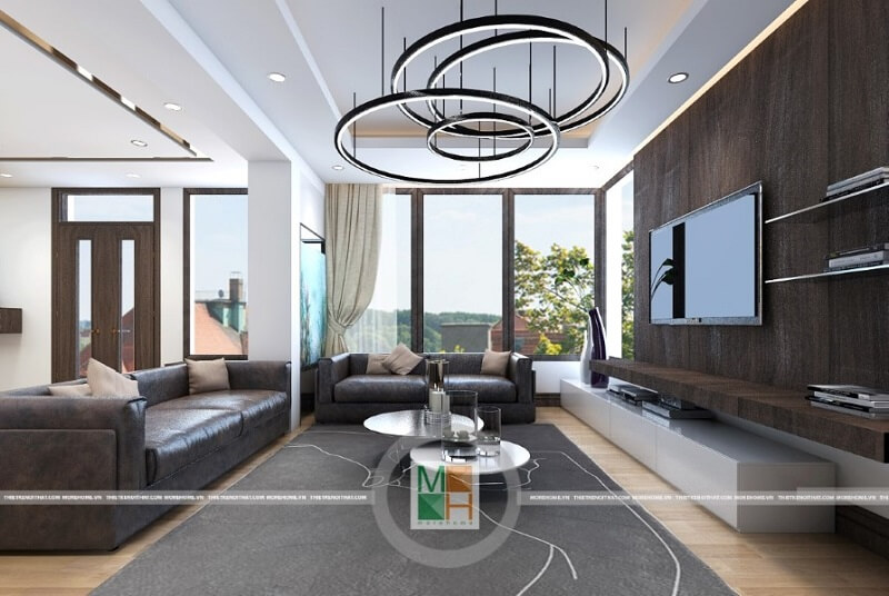 Thiết kế nội thất phòng khách đẹp mở rộng với khung cửa sổ to tận dụng ánh sáng tự nhiên từ bên ngoài.